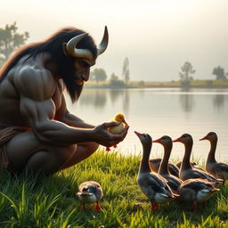 A gentle and friendly Minotaur feeding a group of ducks by a serene lakeside