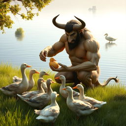 A gentle and friendly Minotaur feeding a group of ducks by a serene lakeside