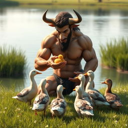 A gentle and friendly Minotaur feeding a group of ducks by a serene lakeside