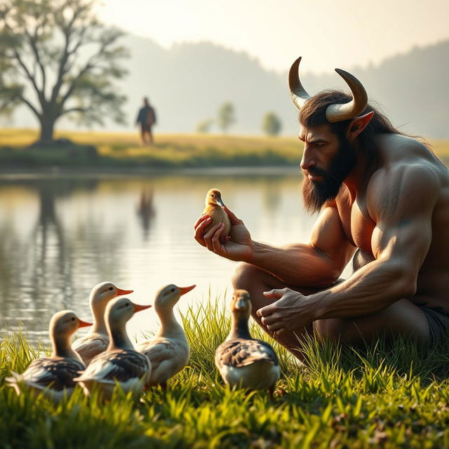 A gentle and friendly Minotaur feeding a group of ducks by a serene lakeside