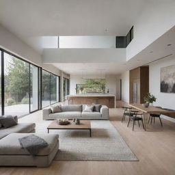 A modern house interior characterized by sleek lines, minimalist furniture, neutral color schemes, and an open-concept space flooded with natural light.