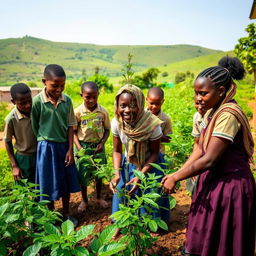 Ethiopian middle school students, both boys and girls, engaging in the activity of cleaning their lush green school compound