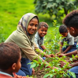 Ethiopian middle school students, both boys and girls, engaging in the activity of cleaning their lush green school compound