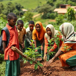 Ethiopian middle school students, both boys and girls, engaging in the activity of cleaning their lush green school compound