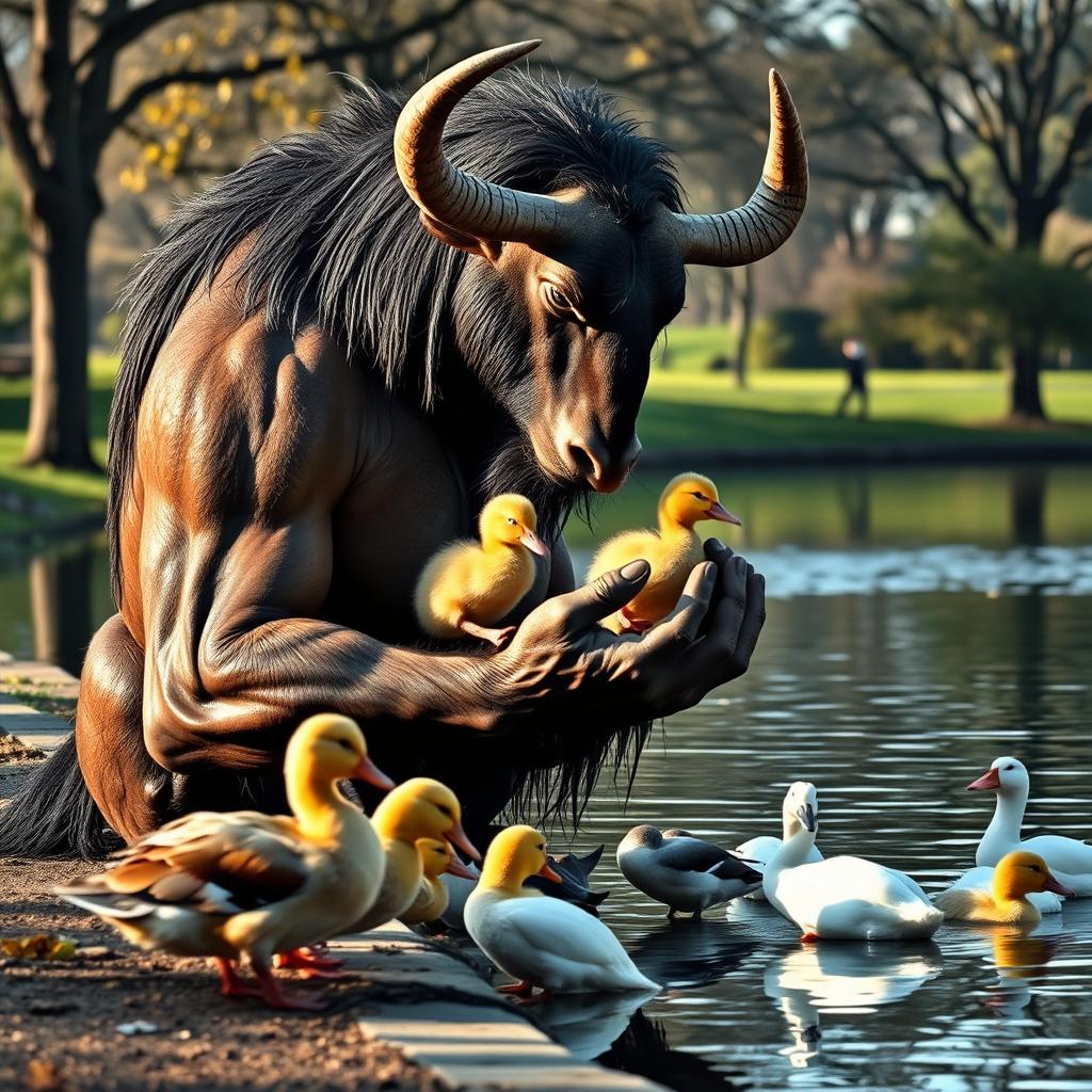 A majestic Minotaur gently feeding ducks by the side of a serene lake