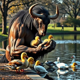 A majestic Minotaur gently feeding ducks by the side of a serene lake