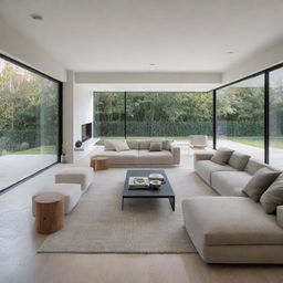 A modern house interior characterized by sleek lines, minimalist furniture, neutral color schemes, and an open-concept space flooded with natural light.