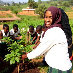 Ethiopian middle school students, both boys and girls, engaging in the activity of cleaning their lush green school compound