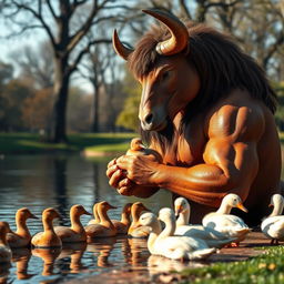 A majestic Minotaur gently feeding ducks by the side of a serene lake