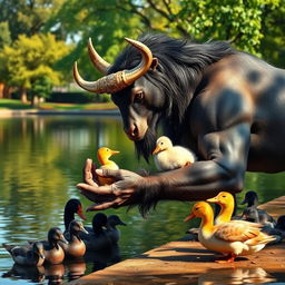 A majestic Minotaur gently feeding ducks by the side of a serene lake