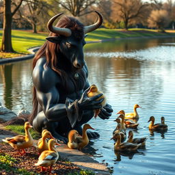 A majestic Minotaur gently feeding ducks by the side of a serene lake