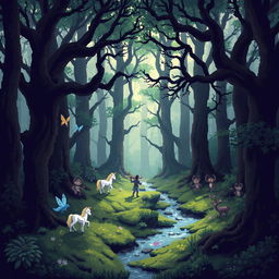 A mysterious forest depicted in pixel art style with a dense canopy of intertwined, tall, old trees allowing rays of sunlight to penetrate