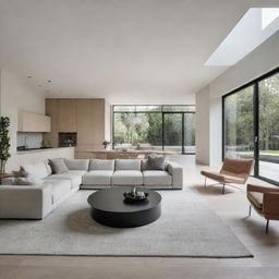 A modern house interior characterized by sleek lines, minimalist furniture, neutral color schemes, and an open-concept space flooded with natural light.