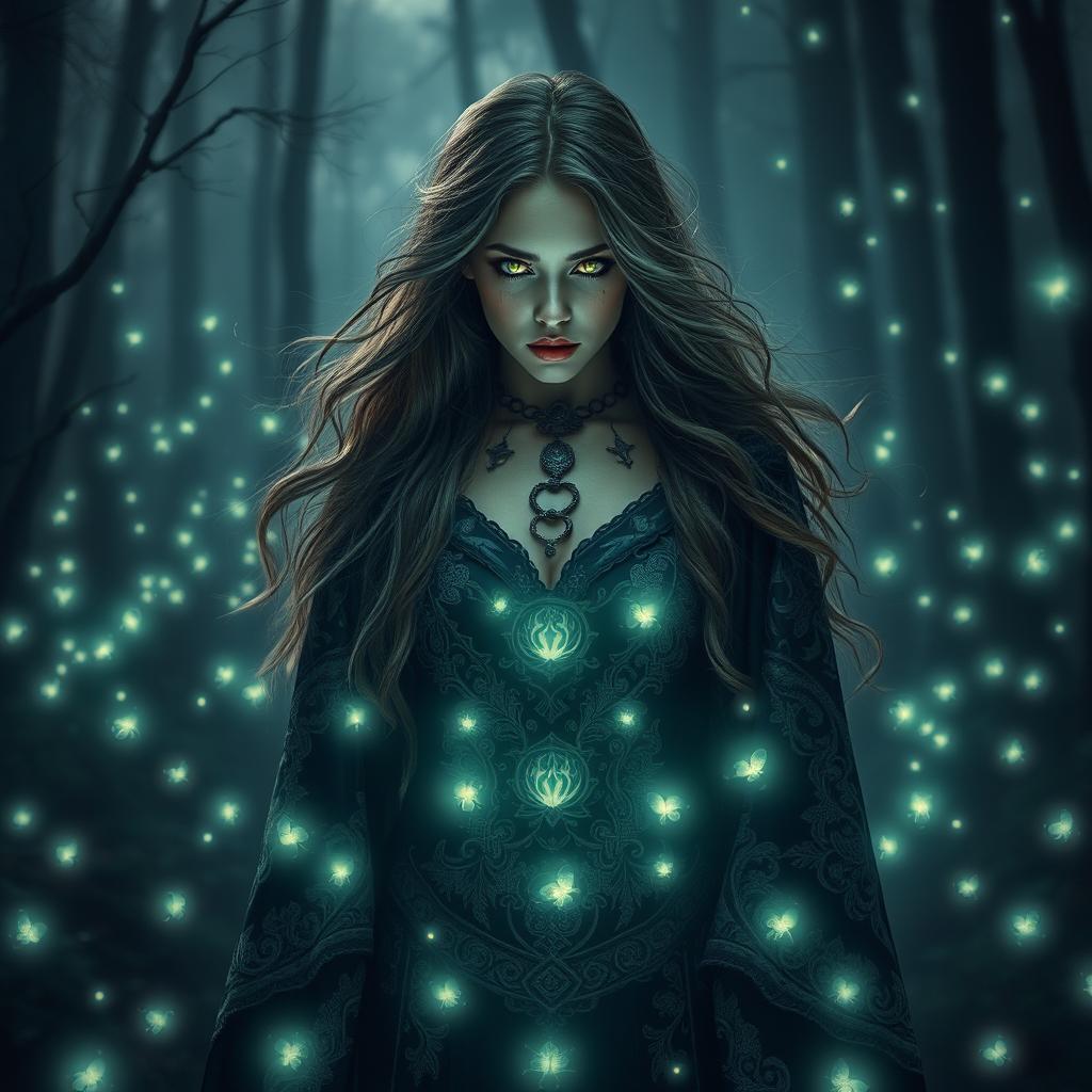 A mystical warlock woman in a dark enchanted forest, her eyes glowing with mysterious power