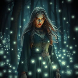 A mystical warlock woman in a dark enchanted forest, her eyes glowing with mysterious power