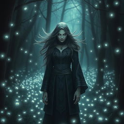 A mystical warlock woman in a dark enchanted forest, her eyes glowing with mysterious power