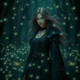 A mystical warlock woman in a dark enchanted forest, her eyes glowing with mysterious power