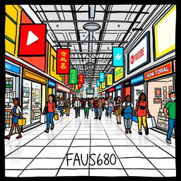 A YouTube thumbnail depicting a bustling shopping mall, illustrated in a hand-drawn style