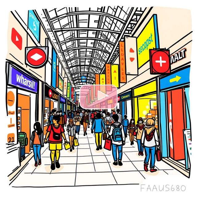 A YouTube thumbnail depicting a bustling shopping mall, illustrated in a hand-drawn style