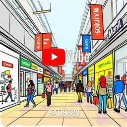 A YouTube thumbnail depicting a bustling shopping mall, illustrated in a hand-drawn style