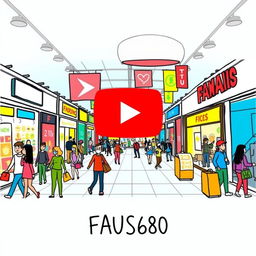 A YouTube thumbnail depicting a bustling shopping mall, illustrated in a hand-drawn style