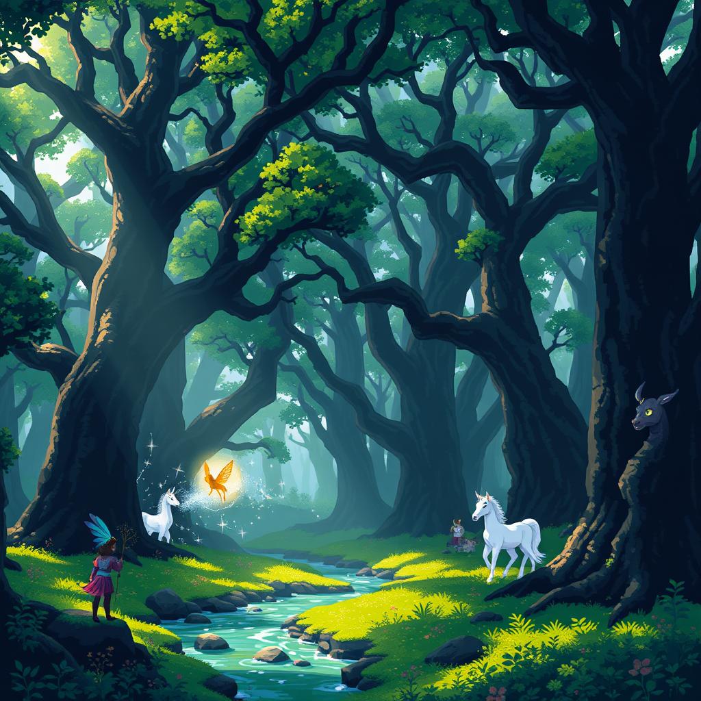 A pixel art scene of a dense and mysterious forest with tall, ancient trees whose branches intertwine to form a natural canopy