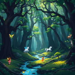 A pixel art scene of a dense and mysterious forest with tall, ancient trees whose branches intertwine to form a natural canopy