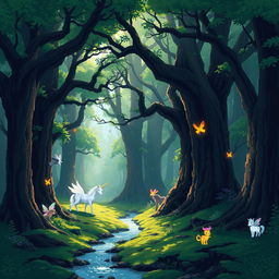 A pixel art scene of a dense and mysterious forest with tall, ancient trees whose branches intertwine to form a natural canopy