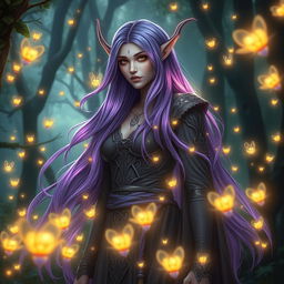 A towering high elf warlock woman with luminous purple hair cascading down her shoulders, standing in an enchanted forest