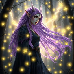 A towering high elf warlock woman with luminous purple hair cascading down her shoulders, standing in an enchanted forest