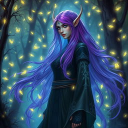 A towering high elf warlock woman with luminous purple hair cascading down her shoulders, standing in an enchanted forest