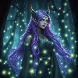 A towering high elf warlock woman with luminous purple hair cascading down her shoulders, standing in an enchanted forest