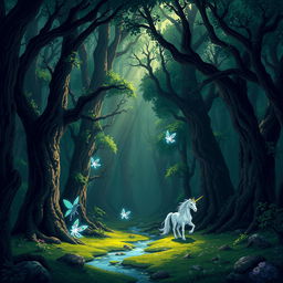 mysterious forest with fabulous creatures, dense forest with tall, old trees intertwined to form a natural canopy, rays of light breaking through thick foliage illuminating soft moss and crystal streams, in the shadows hide cunning forest spirits, glistening fairies emitting a soft glow in the dark, magical unicorns grazing peacefully in a meadow, ethereal woodland atmosphere, pixel art style