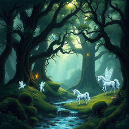 mysterious forest with fabulous creatures, dense forest with tall, old trees intertwined to form a natural canopy, rays of light breaking through thick foliage illuminating soft moss and crystal streams, in the shadows hide cunning forest spirits, glistening fairies emitting a soft glow in the dark, magical unicorns grazing peacefully in a meadow, ethereal woodland atmosphere, pixel art style