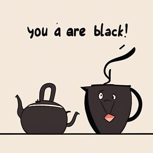 Create an image in Disney animation style featuring a talking cook pot with a speech bubble saying 'you are black' to a sleek black kettle.