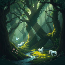 mysterious forest with fabulous creatures, dense forest with tall, old trees intertwined to form a natural canopy, rays of light breaking through thick foliage illuminating soft moss and crystal streams, in the shadows hide cunning forest spirits, glistening fairies emitting a soft glow in the dark, magical unicorns grazing peacefully in a meadow, ethereal woodland atmosphere, pixel art style