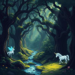 mysterious forest with fabulous creatures, dense forest with tall, old trees intertwined to form a natural canopy, rays of light breaking through thick foliage illuminating soft moss and crystal streams, in the shadows hide cunning forest spirits, glistening fairies emitting a soft glow in the dark, magical unicorns grazing peacefully in a meadow, ethereal woodland atmosphere, pixel art style