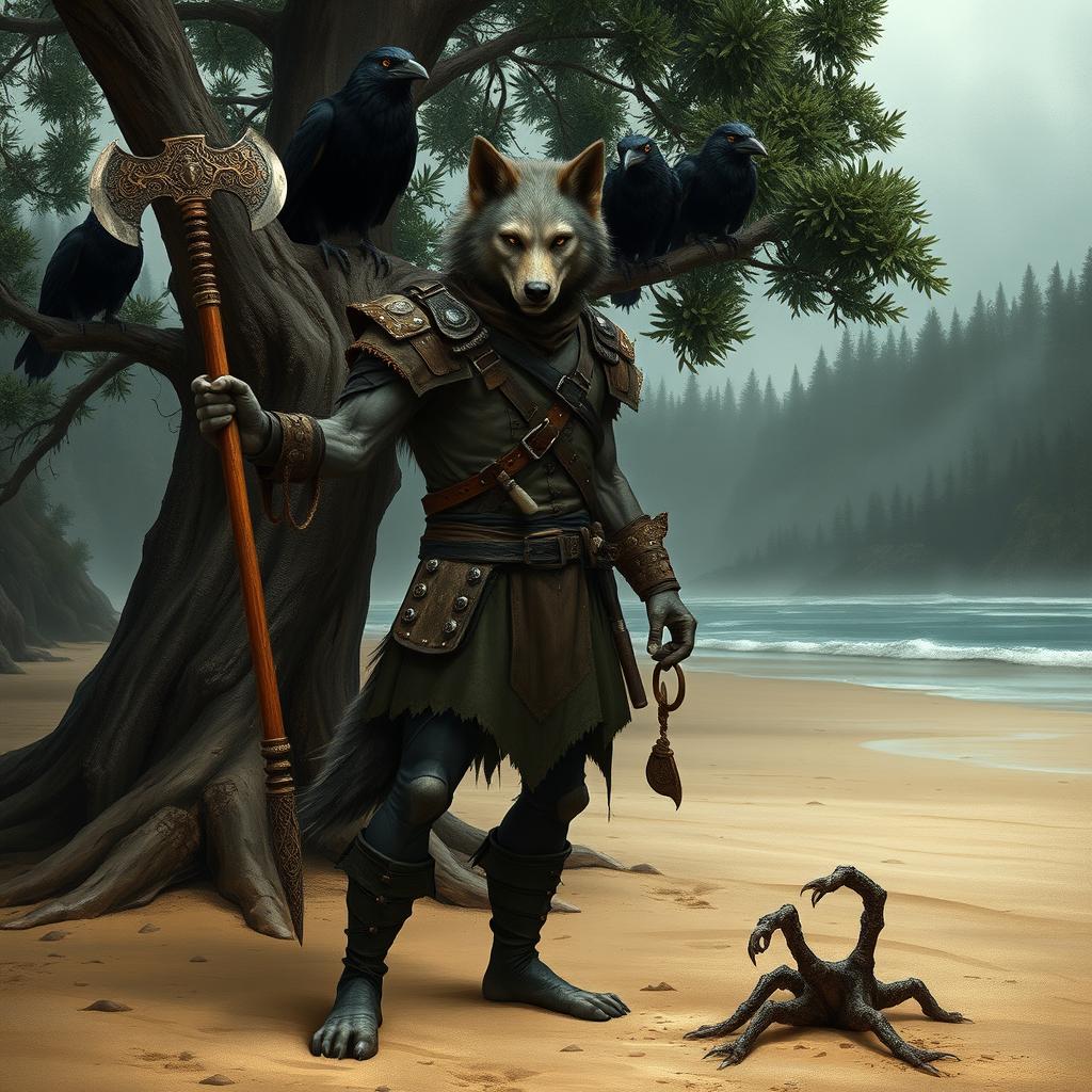 A thin werewolf ranger in humanoid form, standing confidently on a beach