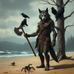 A thin werewolf ranger in humanoid form, standing confidently on a beach