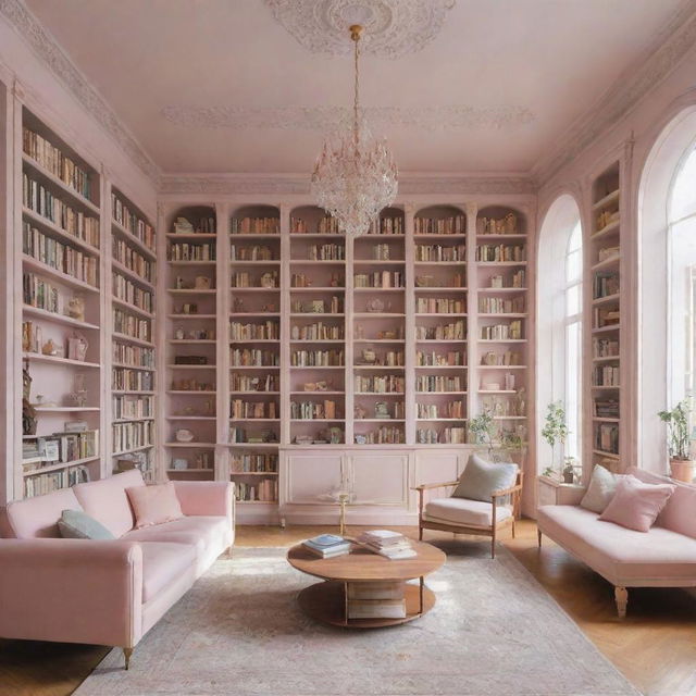 A light academia themed house interior showcasing pastel color schemes, well-lit spaces with high ceiling bookshelves filled with books, vintage furniture, and a sense of intellectual aesthetics.