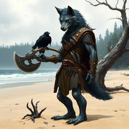 A thin werewolf ranger in humanoid form, standing confidently on a beach