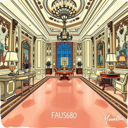 A YouTube thumbnail depicting a luxurious hotel interior, illustrated in a hand-drawn style