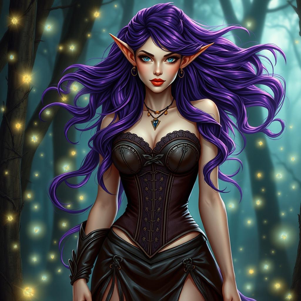 An enchanting sorceress high elf woman with striking purple hair, cascading in luxurious waves