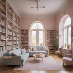 A light academia themed house interior showcasing pastel color schemes, well-lit spaces with high ceiling bookshelves filled with books, vintage furniture, and a sense of intellectual aesthetics.