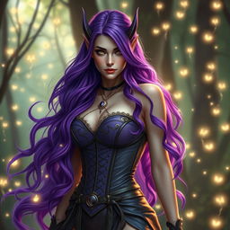 An enchanting sorceress high elf woman with striking purple hair, cascading in luxurious waves