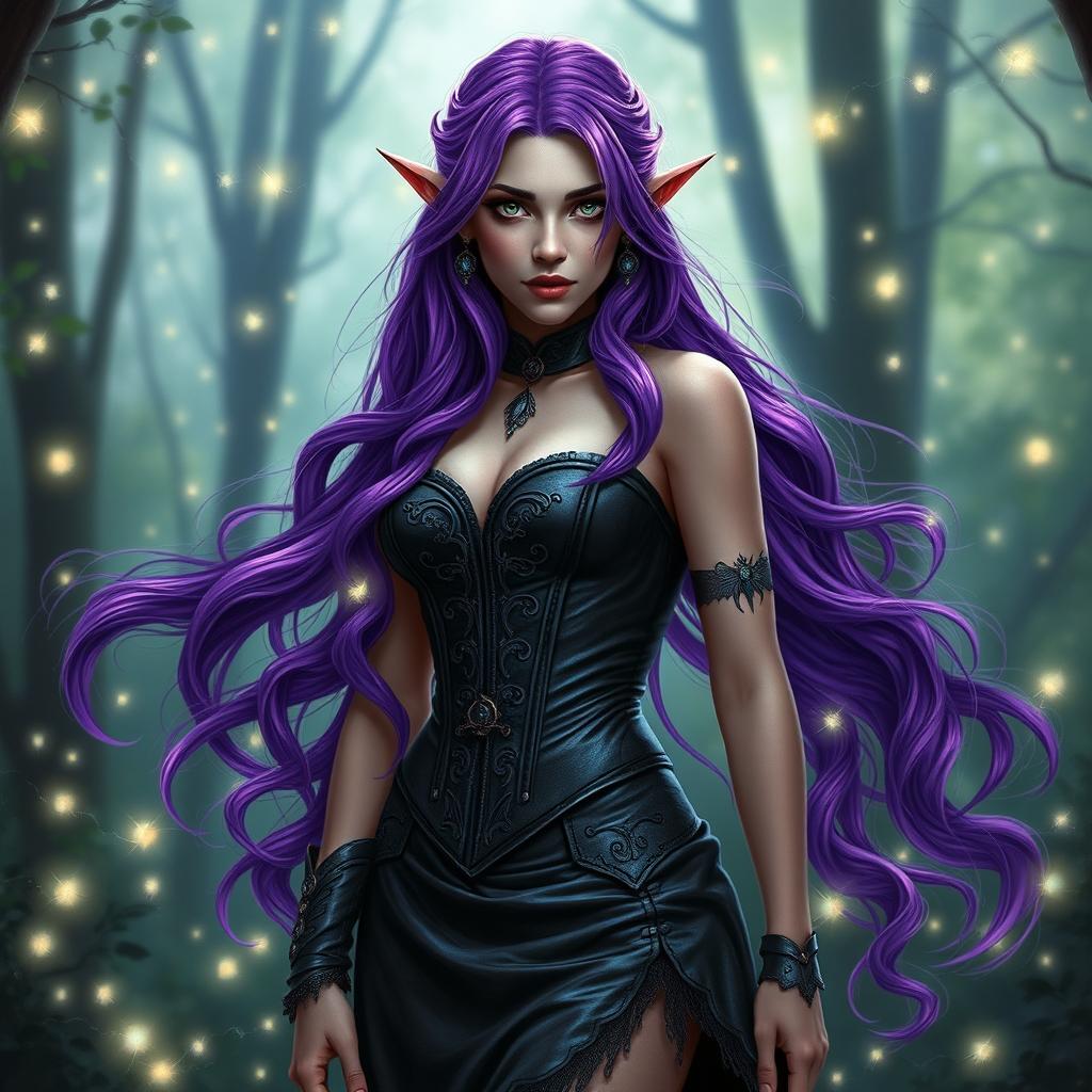 An enchanting sorceress high elf woman with striking purple hair, cascading in luxurious waves