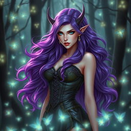 An enchanting sorceress high elf woman with striking purple hair, cascading in luxurious waves