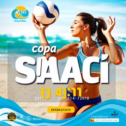 A poster for "Copa Saci" featuring a woman playing beach volleyball