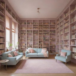 A light academia themed house interior showcasing pastel color schemes, well-lit spaces with high ceiling bookshelves filled with books, vintage furniture, and a sense of intellectual aesthetics.