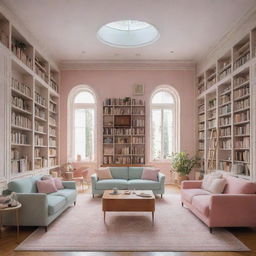 A light academia themed house interior showcasing pastel color schemes, well-lit spaces with high ceiling bookshelves filled with books, vintage furniture, and a sense of intellectual aesthetics.